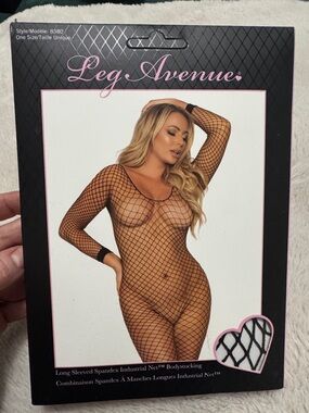 Leg Avenue Black Fishnet Long-Sleeve Bodystocking | OS | NWT